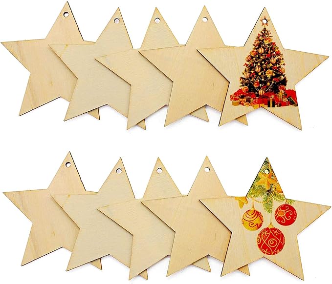 50 Pack Wooden Star Cutouts Star Wooden Ornaments Star Shape Unfinished Wood Hanging Ornaments with Ropes for Embellishments, Wedding, DIY, Craft, Festival (Star Cutouts)