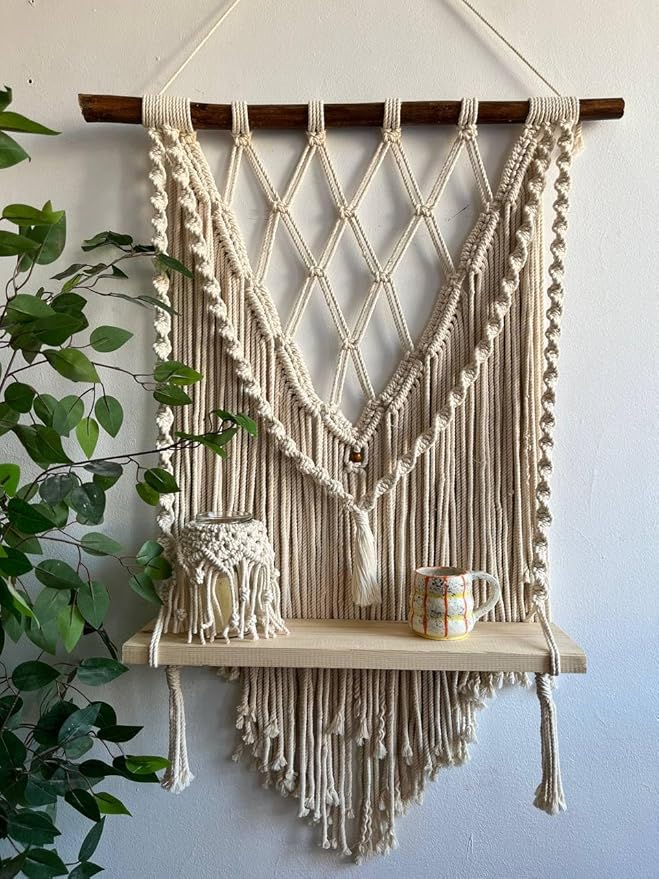 Generic Handmade Macrame Wall Hanging with Wooden Shelf, Off White