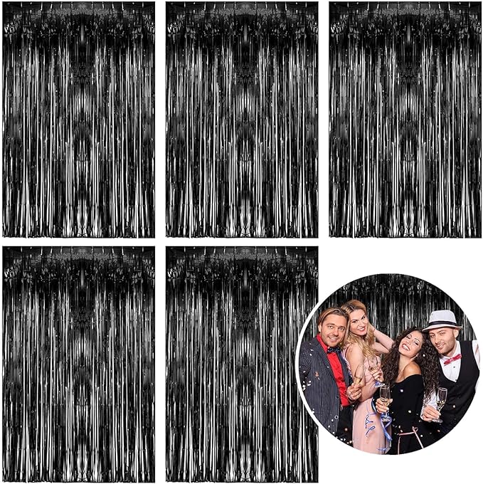 5 Pack Foil Curtain Backdrop Black Metallic Tinsel Foil Fringe Curtains Photo Booth Props for Birthday Wedding Engagement Baby Shower Bachelorette Christmas Holiday Celebration Party Decorations
