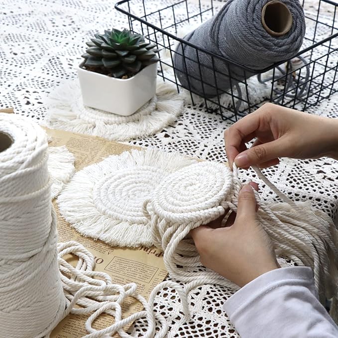 Coomin Coasters for Drinks Absorbent, Boho Coasters for Wooden Table, Farmhouse Drink Coaster Set for Kinds of Mugs and Cups, Cute Macrame Coasters for Housewarming Gift, 2PCS Round, Beige