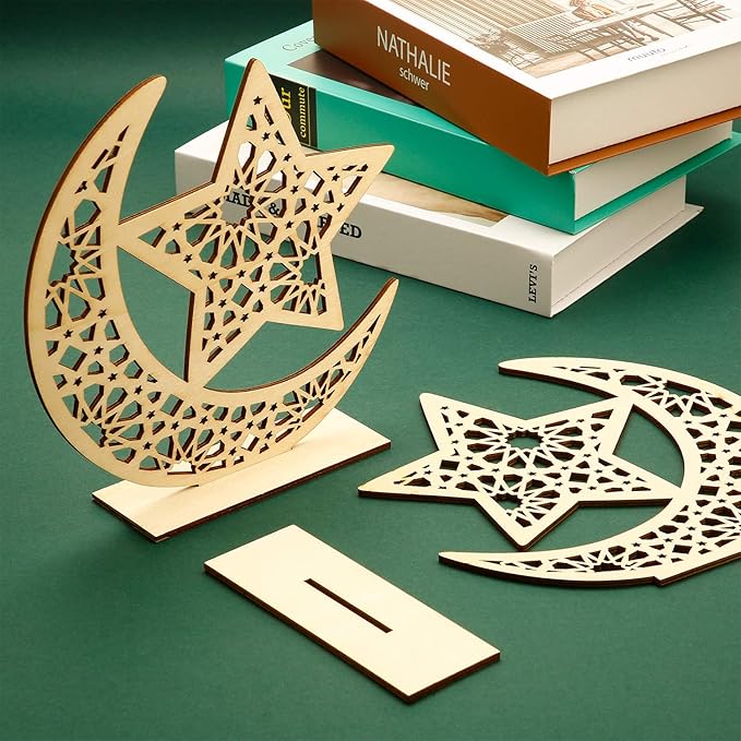 WILLBOND 2 Sets Eid Mubarak Wooden Ornament Ramadan Wood Tabletop Decor Moon Star Hanging Pendant for Ramadan Mubarak Eid Decorations