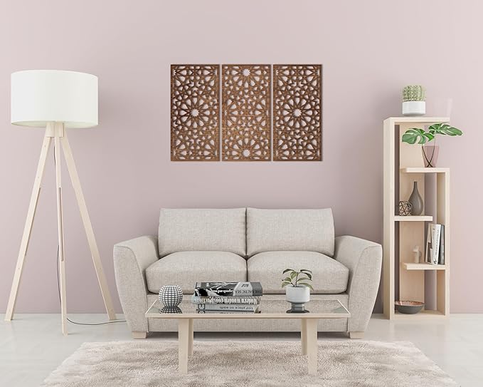 Home gallery Decorative arabesque style wooden wall Art 3 panels 80X130 cm Brown