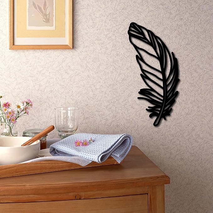CREATCABIN Feather Wooden Wall Art Decor Wood Sign Laser Cut Basswood Silhouette Decorative Hanging Sculpture Unfinished for Painting Crafts DIY Studio Bedroom Home Wall Door Gift Black 11.8x5.9Inch