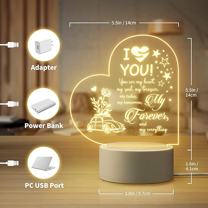 Boyfriend Gifts, Boyfriend Birthday Gifts Anniversary Gift for Him Husband, Unique Heart Acrylic Night Lamp Engraved with Sweet Quotes, Best Christmas Thanksgiving Gift for Boyfriend