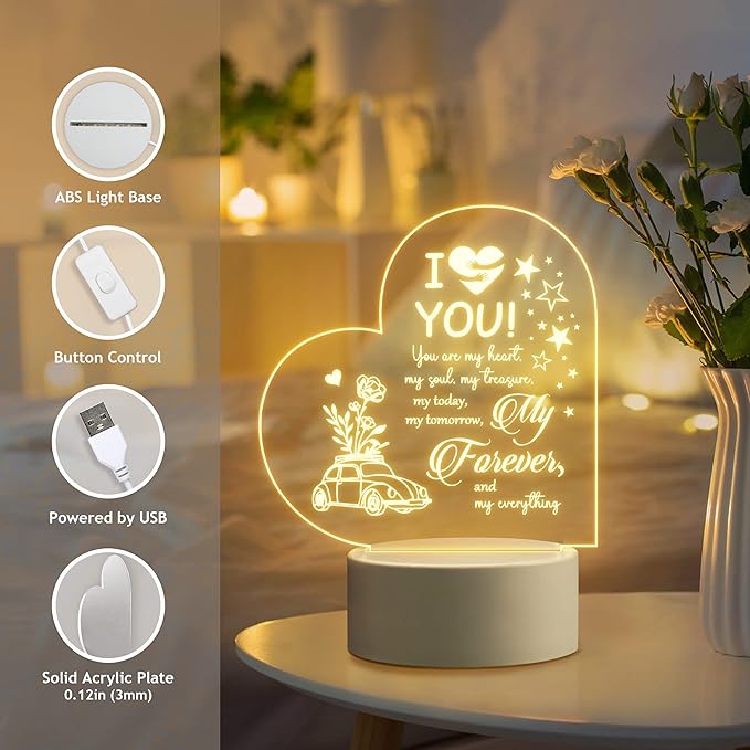 Boyfriend Gifts, Boyfriend Birthday Gifts Anniversary Gift for Him Husband, Unique Heart Acrylic Night Lamp Engraved with Sweet Quotes, Best Christmas Thanksgiving Gift for Boyfriend