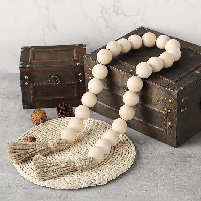 Elifel Farmhouse Decor Large Wooden Bead Garland, 50" Long with 1.6" Diameter Beads, Natural Wood & Jute, Round Shape, Wood Color