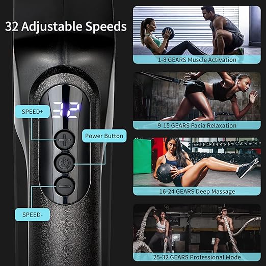 Massage Gun Deep Tissue Handheld with 32 Speed Levels 8 Massage Heads LCD Display Quiet Powerful Percussion Fascia Gun for Sports Pain Relief Fitness Recovery