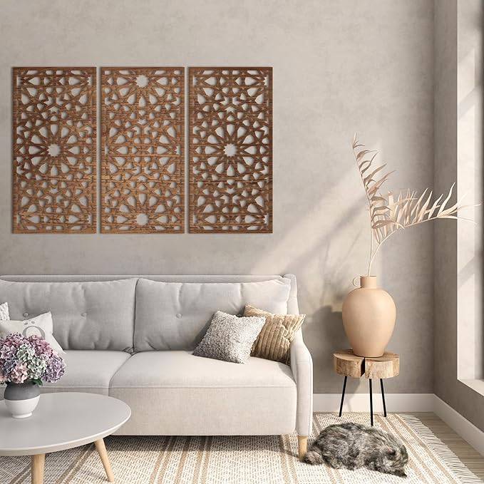Home gallery Decorative arabesque style wooden wall Art 3 panels 80X130 cm Brown