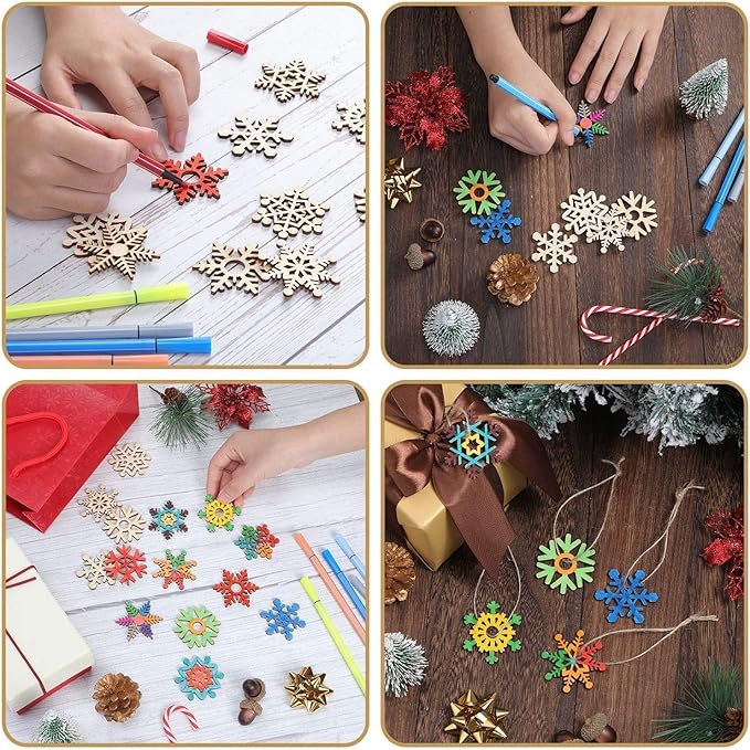 100 Pieces Christmas Wooden Ornaments Round Wood Slices Wood Snowflake Angel Star Shaped Christmas Tree Hanging Embellishments with 100 Pieces Cords (Snowflake)
