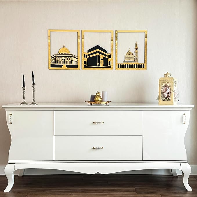 iwa concept Masjid Al Aqsa, Masjid Al-Haram & Masjid An-Nabawi Islamic Wall Art | Wooden Acrylic Kaaba Wall Decor | Ramadan Decoration | Muslim Gift | (Medium, Gold | All Three)