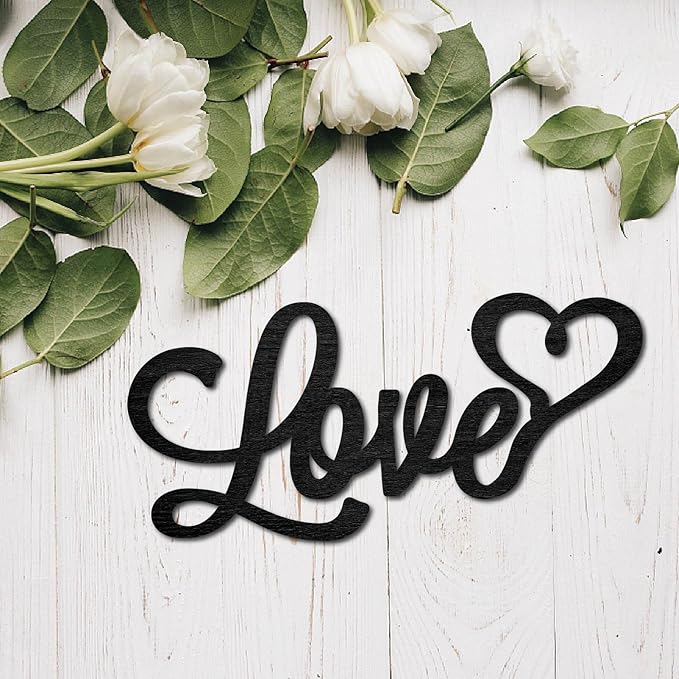 CREATCABIN Wood Cutout Love Sign Heart Laser Cut Wooden Wall Decor Sculpture Hanging Decor Wall Art Decoration for Home Gallery Office Front Door Black 9.8" x 4.7"