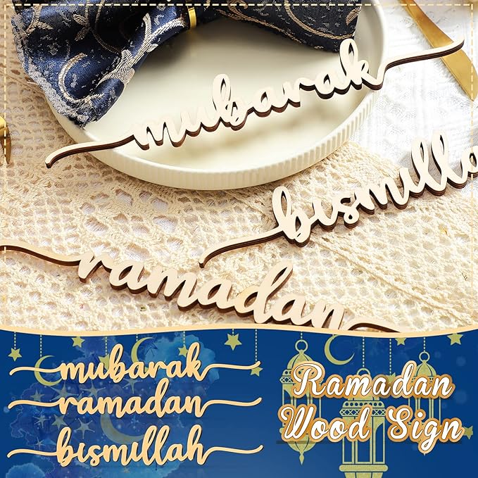Queekay 12 Pieces Ramadan Wood Sign Mubarak Plate Setting Islamic Table Decor for Eid Home Party (Classic Style, 10 x 1.6 Inch)