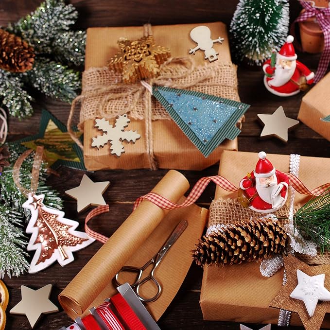 HESTYA 150 Pieces Wooden Ornaments Mini Christmas Theme Natural Wood Slices Decorative Wooden Cutout Slices for Christmas Tree Ornaments Hanging DIY Craft Xmas Decorations