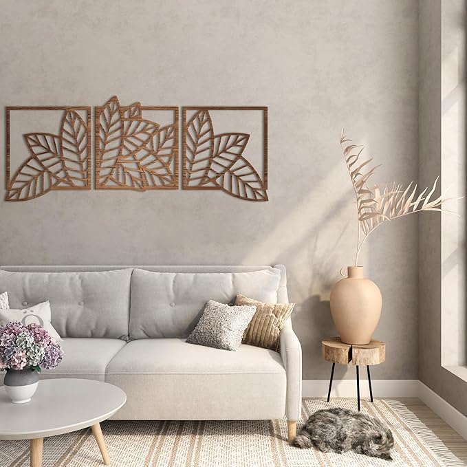 Home Gallery Leaves shape 4 panels Wood Wall art 60x180 Brown