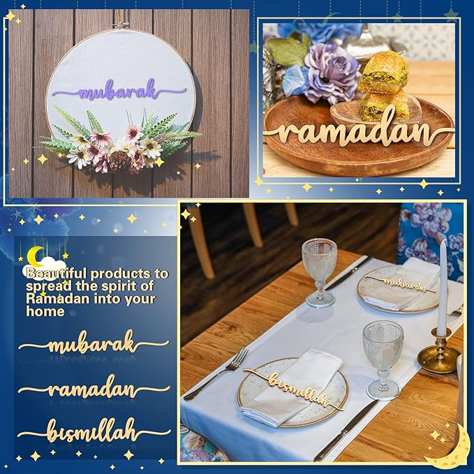 Queekay 12 Pieces Ramadan Wood Sign Mubarak Plate Setting Islamic Table Decor for Eid Home Party (Classic Style, 10 x 1.6 Inch)