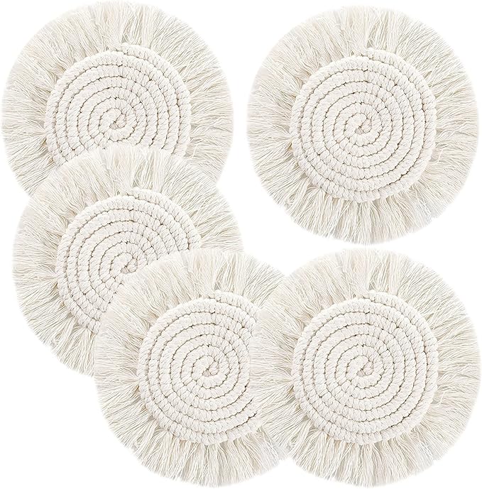 Lucomb 5 Pack Coasters for Drinks Absorbent, Macrame Handmade Cotton Coasters for Coffee Table, Boho Coaster Set with Tassels Heat-Resistant Farmhouse Drink Coaster for Home Decor Tabletop Protection.