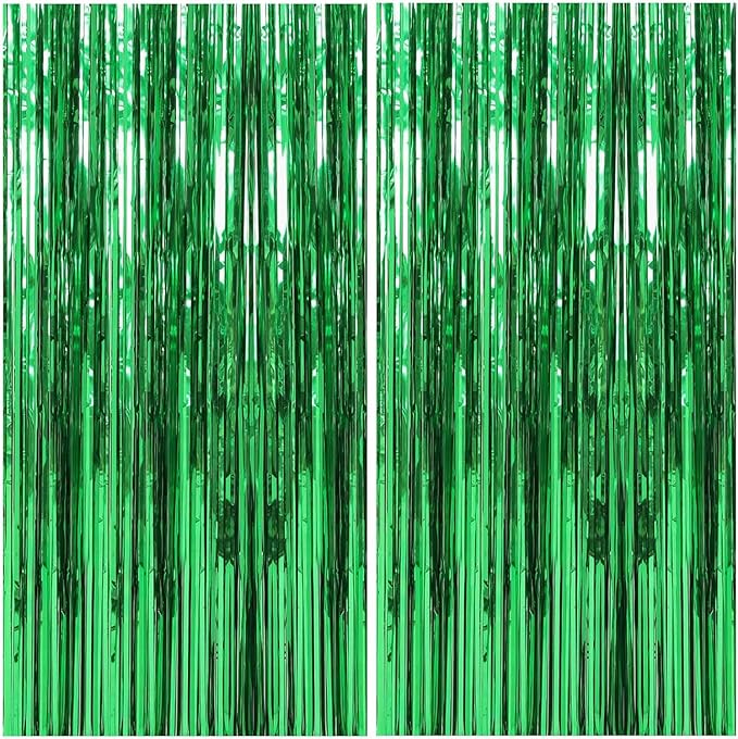 2 Pack Foil Curtain Backdrop Green Metallic Tinsel Foil Fringe Curtains Photo Booth Props for Birthday Wedding Engagement Baby Shower Bachelorette Christmas Holiday Celebration Party Decorations