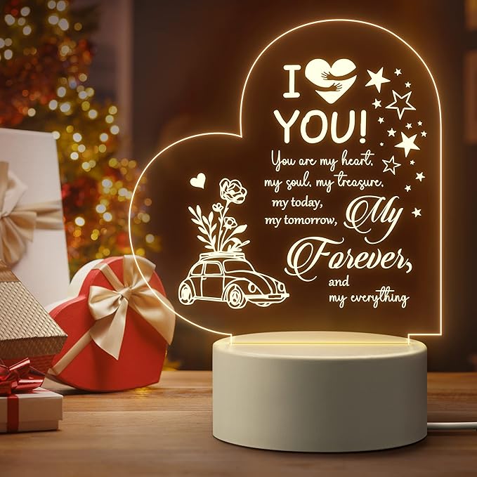 Boyfriend Gifts, Boyfriend Birthday Gifts Anniversary Gift for Him Husband, Unique Heart Acrylic Night Lamp Engraved with Sweet Quotes, Best Christmas Thanksgiving Gift for Boyfriend