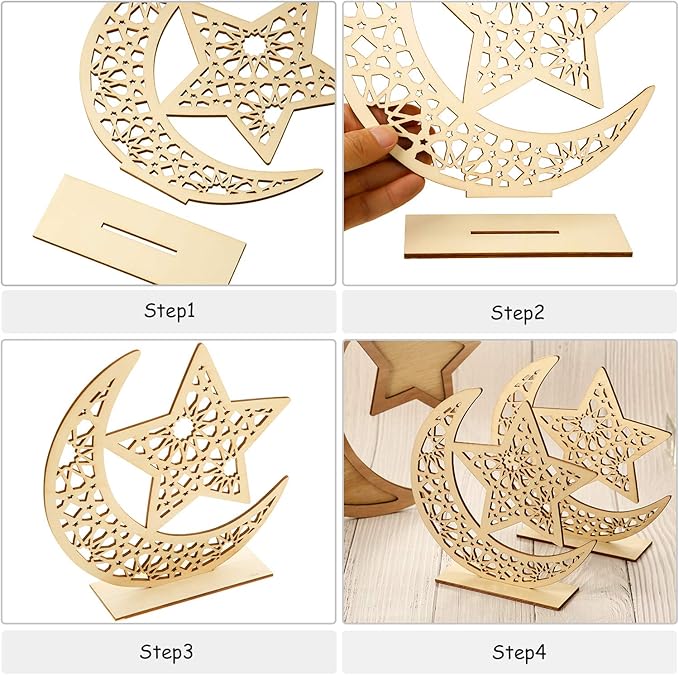 WILLBOND 2 Sets Eid Mubarak Wooden Ornament Ramadan Wood Tabletop Decor Moon Star Hanging Pendant for Ramadan Mubarak Eid Decorations