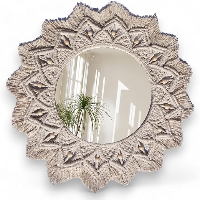 Handmade Macrame Mirror with Beads, Bohemian, Modern, Decorative, Wall Hanging, Home Decor, Boho, Round, Wooden Frame, Living Room, Bedroom, Dining Room, Entryway, Hallway, Office, Nursery