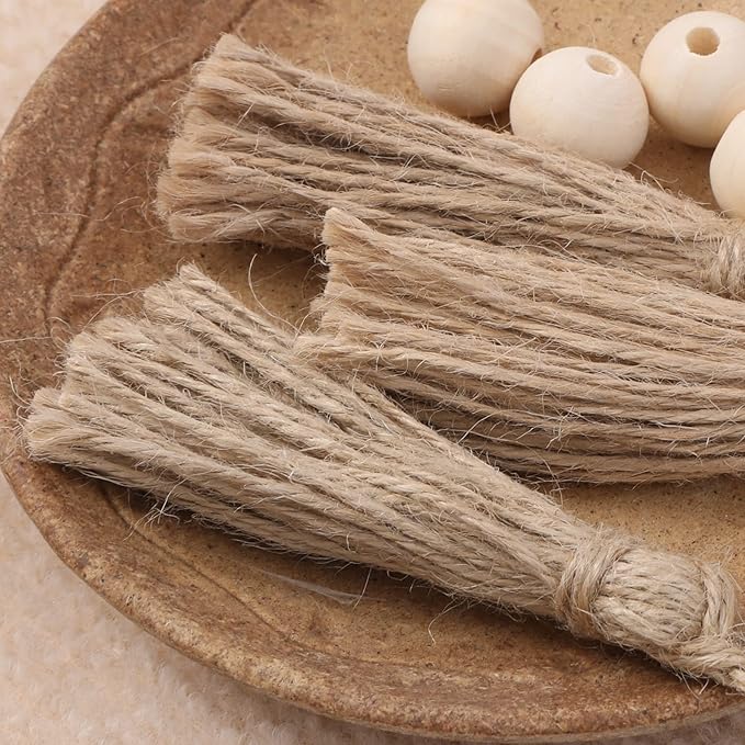 30 Pieces Natural Jute Tassels for Wood Beads Christmas Burlap Tassel Jute Rope Tassels DIY Wood Bead Garland Projects Decorations(5.4")