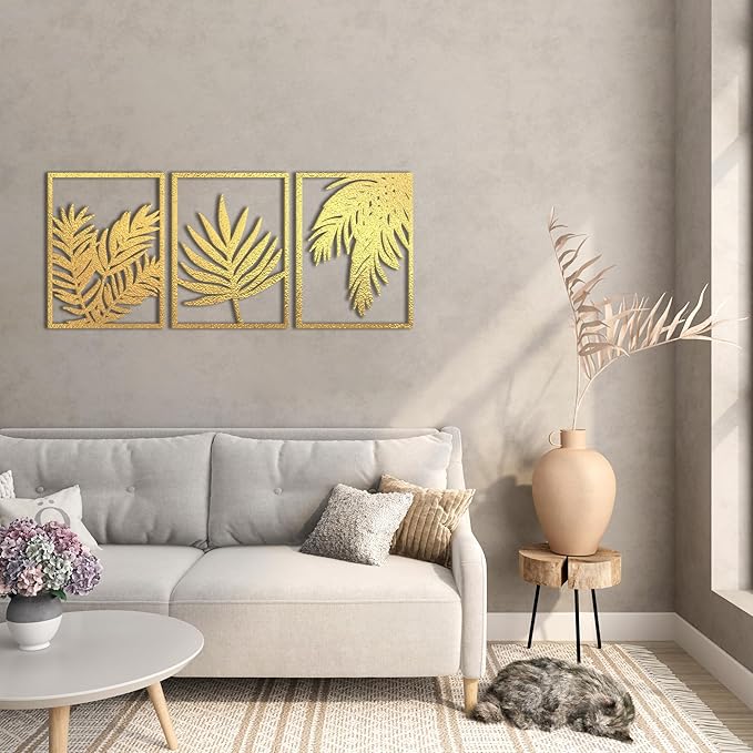 Home Gallery Tropical Leaves Wood Wall Art - Set of 3 Panel Each 60x40 cm Gold