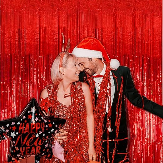 5 Pack Foil Curtain Backdrop Red Metallic Tinsel Foil Fringe Curtains Photo Booth Props for Birthday Wedding Engagement Baby Shower Bachelorette Christmas Holiday Celebration Party Decorations