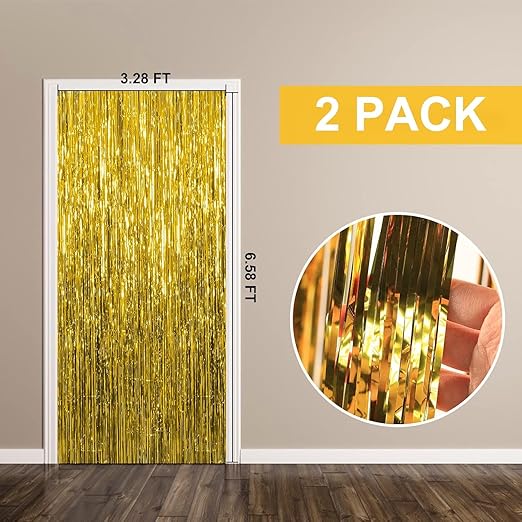 2 Pack Gold Backdrop Birthday Decorations Foil Curtain Backdrop Gold Streamers Dance Party Decorations Photo Booth Props for Bachelorette Decorations Christmas Halloween New Years Eve Party Supplies