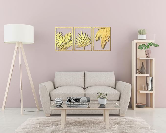 Home Gallery Tropical Leaves Wood Wall Art - Set of 3 Panel Each 60x40 cm Gold