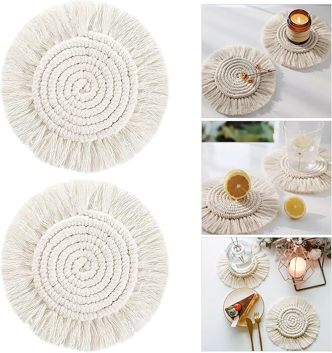 Lucomb 5 Pack Coasters for Drinks Absorbent, Macrame Handmade Cotton Coasters for Coffee Table, Boho Coaster Set with Tassels Heat-Resistant Farmhouse Drink Coaster for Home Decor Tabletop Protection.