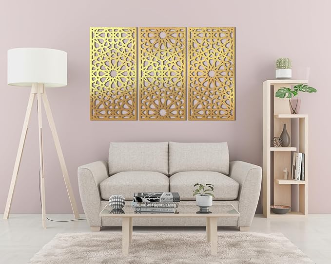 Home gallery Decorative arabesque style wooden wall Art 3 panels 80X130 cm Gold