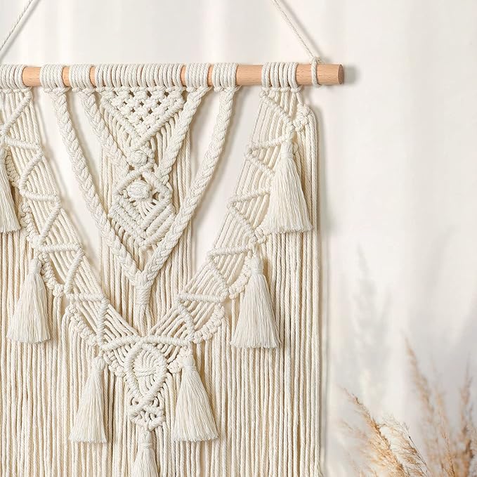 Dremisland Macrame Woven Wall Hanging Boho Geometric Woven Tapestry Beige & Grey Cotton Handmade Bohemian Art Decor with Tassel Craft Ornament for Bedroom Living Room Apartment Nursery (Beige-)