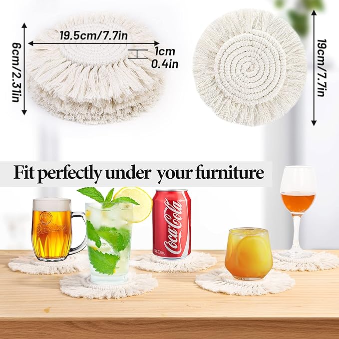 Lucomb 5 Pack Coasters for Drinks Absorbent, Macrame Handmade Cotton Coasters for Coffee Table, Boho Coaster Set with Tassels Heat-Resistant Farmhouse Drink Coaster for Home Decor Tabletop Protection.