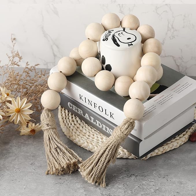 Elifel Farmhouse Decor Large Wooden Bead Garland, 50" Long with 1.6" Diameter Beads, Natural Wood & Jute, Round Shape, Wood Color