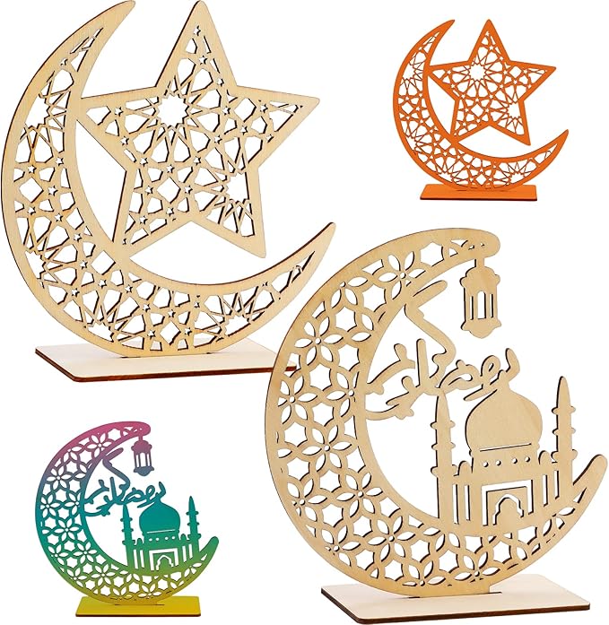 HOWAF 2 Sets Eid Mubarak Wooden Ornament Ramadan Kareem Hollow Decoration Moon Star Hanging Pendant Happy Eid Wood Tabletop Decor for Home Ramadan Mubarak Eid Decorations