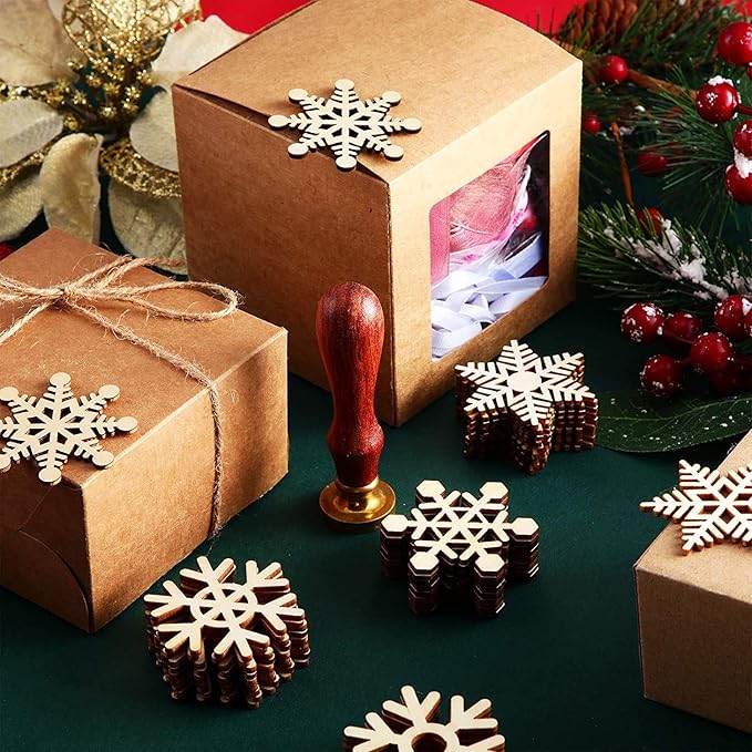 100 Pieces Christmas Wooden Ornaments Round Wood Slices Wood Snowflake Angel Star Shaped Christmas Tree Hanging Embellishments with 100 Pieces Cords (Snowflake)