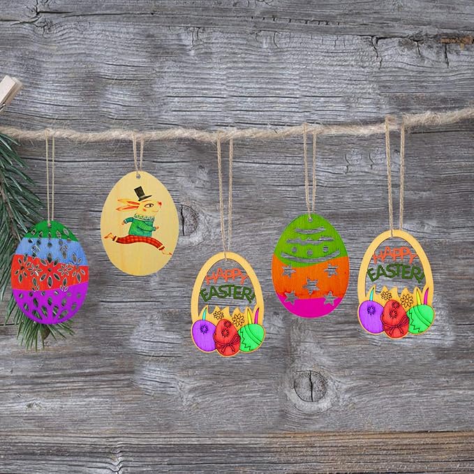 FINROS 50 Pack Easter Egg Wood Slice Ornaments DIY Wooden Egg Shape Crafts Hanging Easter Decorations with Twine for Easter Party Supplies (Egg Cutouts)