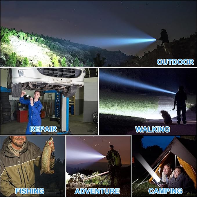 LED Flashlight Rechargeable 200000 High Lumens Waterproof Hiking Torch Light Outdoor Flashlight Strong Light Searchlight Portable Flashlights Focusing