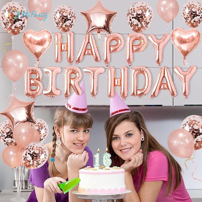 Pink Rose Gold Birthday Decorations, 3D Mylar Foil Happy Birthday Banner and 18 inch Big Heart Star Confetti Latex Balloons, Ecofriendly Party Decorations Supplies for kids Girls Women