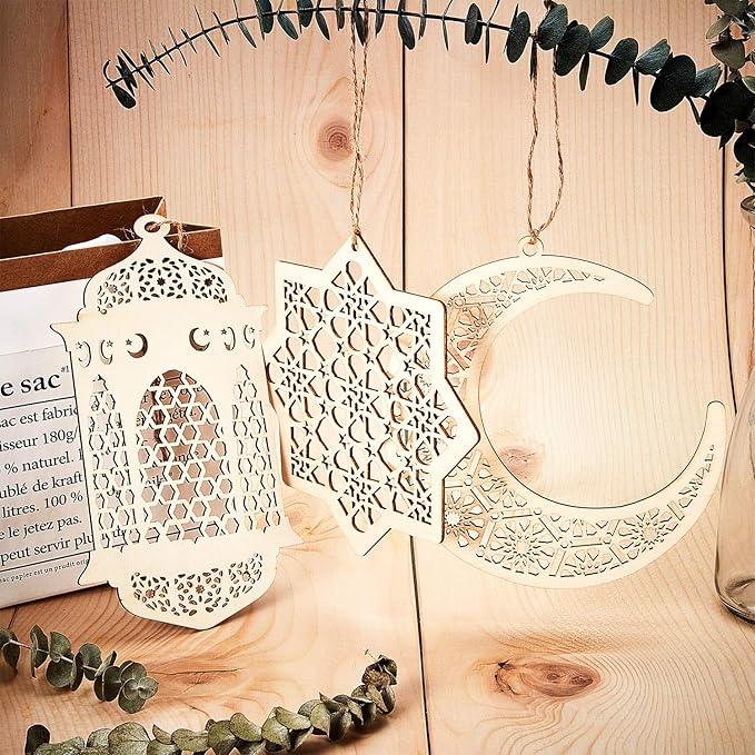 Maitys 2 Sets 6 Pieces Wooden Pendant Kareem Moon Star Wind Light Shape Ornament for Ramadan Mubarak Eid Decorations