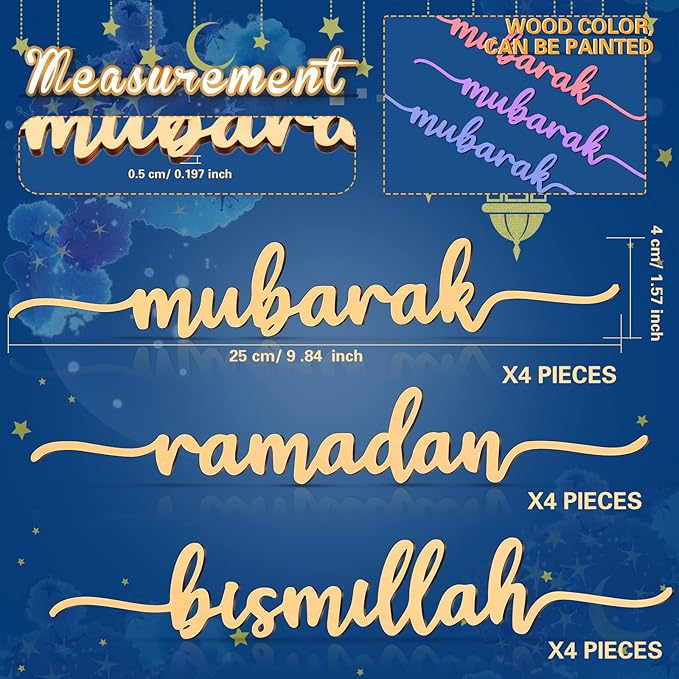 Queekay 12 Pieces Ramadan Wood Sign Mubarak Plate Setting Islamic Table Decor for Eid Home Party (Classic Style, 10 x 1.6 Inch)