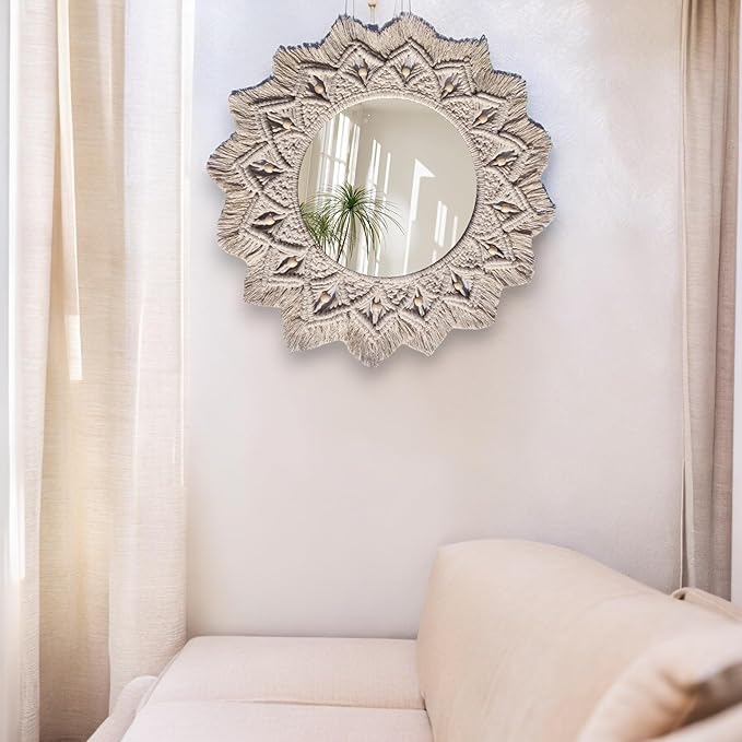 Handmade Macrame Mirror with Beads, Bohemian, Modern, Decorative, Wall Hanging, Home Decor, Boho, Round, Wooden Frame, Living Room, Bedroom, Dining Room, Entryway, Hallway, Office, Nursery