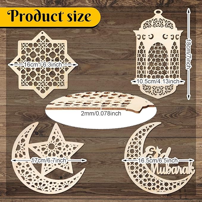 Queekay 9 Pieces Wooden Pendant Ornament Ramadan Kareem Hollow Decoration Moon Star Wind Light Shape Pendant Ornament Rustic Happy Eid Hanging Sign for Ramadan Mubarak Eid Party Decorations