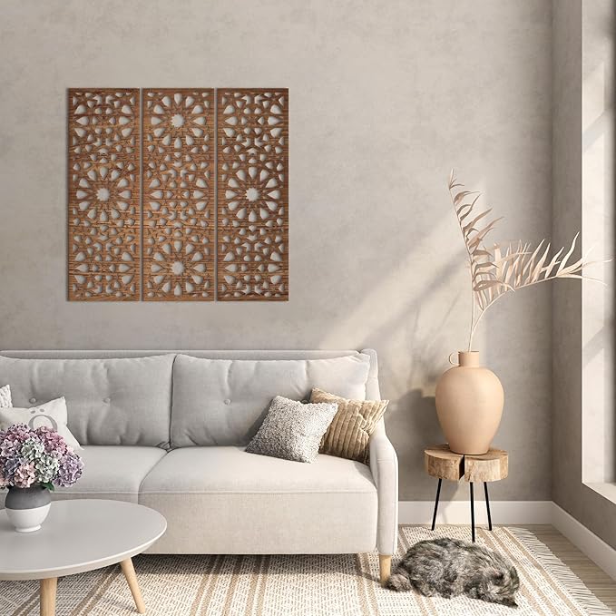 Home gallery Decorative arabesque style wooden wall Art 3 panels 80X80 cm Brown