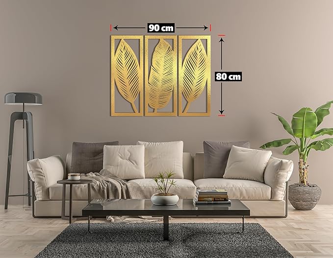 Home Gallery Leaf Wooden Wall Décor - Set of 3 Each 80x30 cm Gold