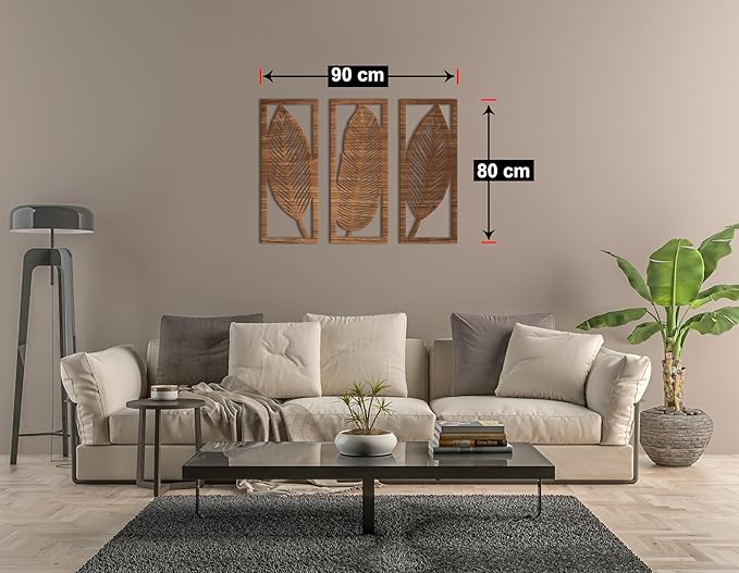 Home Gallery Leaf Wooden Wall Décor - Set of 3 Each 80x30 cm Brown