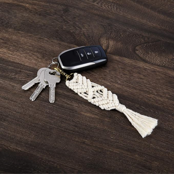 Mkono Mini Macrame Keychains Boho Macrame Bag Charms with Tassels Cute Handcrafted Accessories for Car Key Purse Phone Wallet Unique Gift Party Supplies, Natural White, 3 Pack