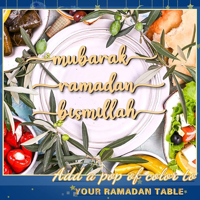 Queekay 12 Pieces Ramadan Wood Sign Mubarak Plate Setting Islamic Table Decor for Eid Home Party (Classic Style, 10 x 1.6 Inch)