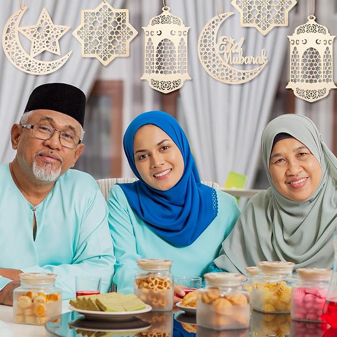 Queekay 9 Pieces Wooden Pendant Ornament Ramadan Kareem Hollow Decoration Moon Star Wind Light Shape Pendant Ornament Rustic Happy Eid Hanging Sign for Ramadan Mubarak Eid Party Decorations