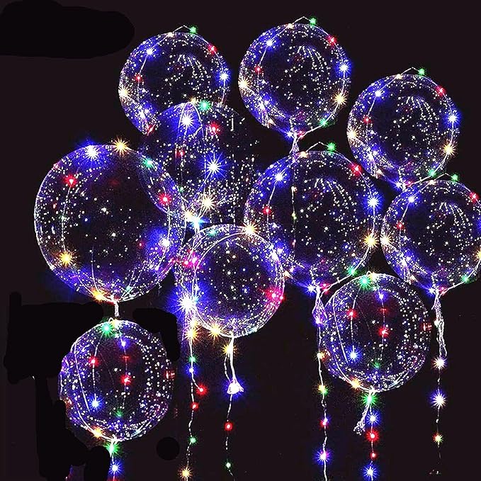 10 Packs LED Light Up Balloons,Transparent Luminous Balloons LED Fairy Lights Bobo Balloons with 3 Meters Lights,Helium Glow Balloons for Birthday,Wedding,Christmas,Party Decor-Multicoloured